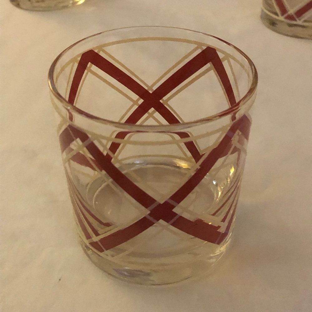 Georges Briard Lowball Old Fashioned Tumbler “X-Out” Red/Gold Bands Signed MCM